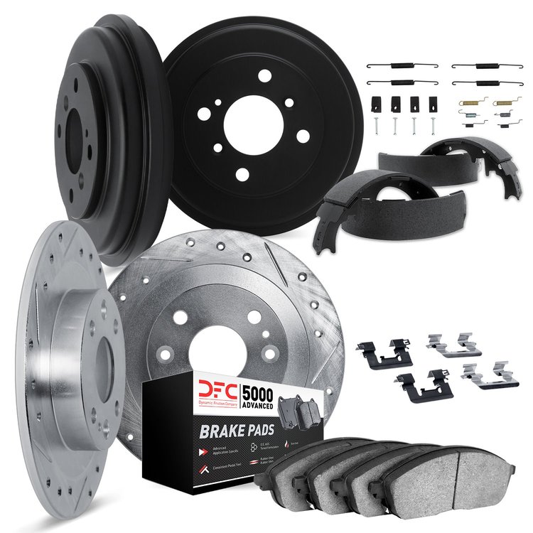7514-72008 Drilled/Slotted Brake Rotors w/5000 Advanced Brake Pads/Drums/Shoes & Hardware Kit [Silver], 1992-1995 Multiple Makes