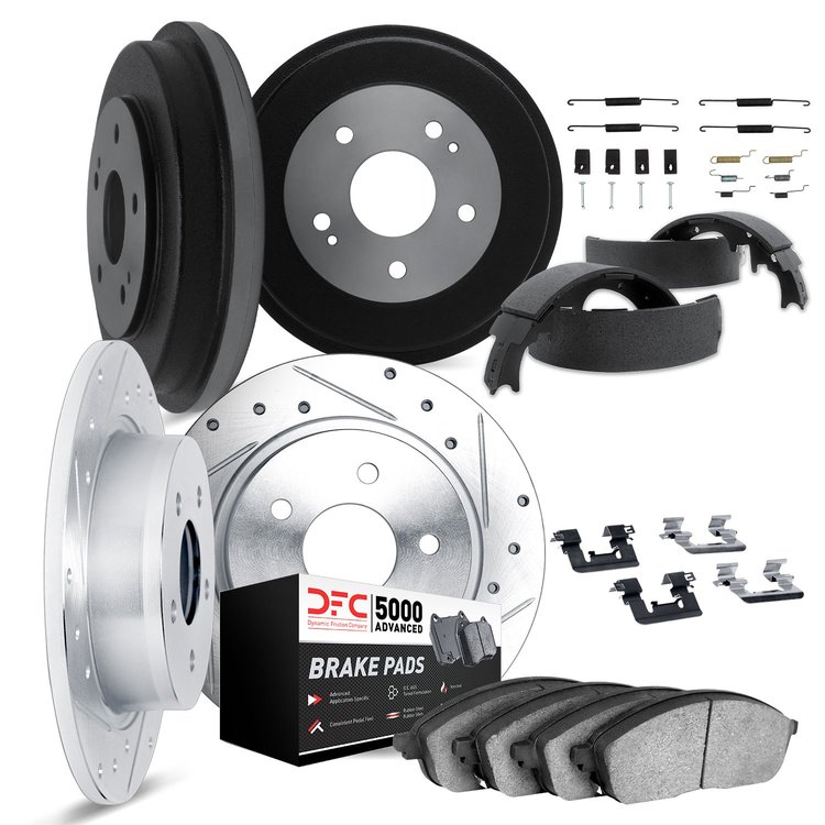 7514-74077 Drilled/Slotted Brake Rotors w/5000 Advanced Brake Pads/Drums/Shoes & Hardware Kit [Silver], 1979-1979 Audi/Volkswage