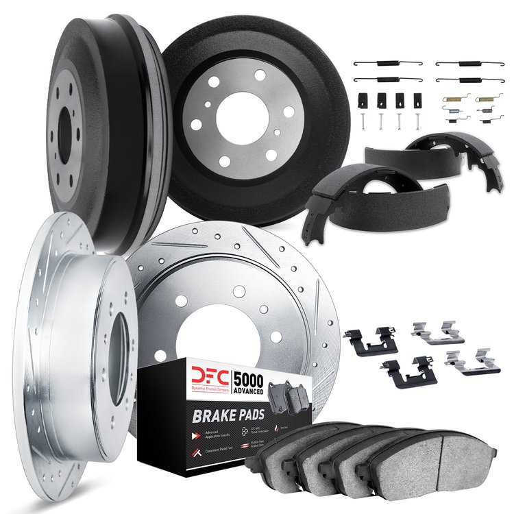 7514-76003 Drilled/Slotted Brake Rotors w/5000 Advanced Brake Pads/Drums/Shoes & Hardware Kit [Silver], 1979-1980 Lexus/Toyota/S