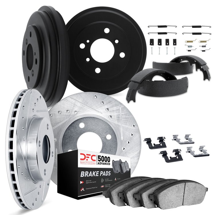 7514-76081 Drilled/Slotted Brake Rotors w/5000 Advanced Brake Pads/Drums/Shoes & Hardware Kit [Silver], 1998-2002 Multiple Makes