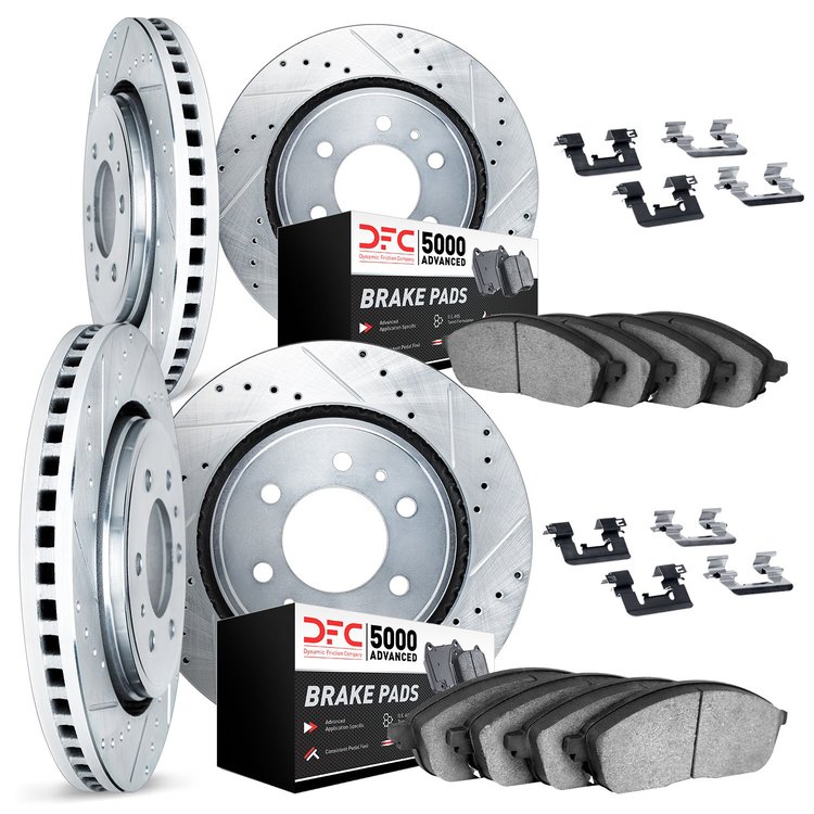 7514-92002 Drilled/Slotted Brake Rotors w/5000 Advanced Brake Pads Kit & Hardware [Silver], 2015-2017 Mitsubishi, Position: Fron
