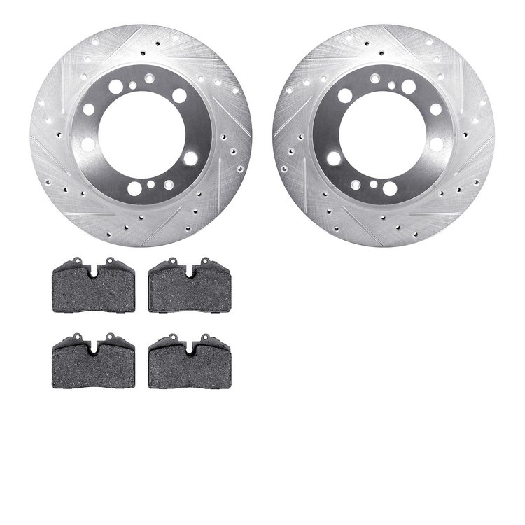 7602-02011 Drilled/Slotted Brake Rotors w/5000 Euro Ceramic Brake Pads Kit [Silver], 1987-1997 Porsche, Position: Rear