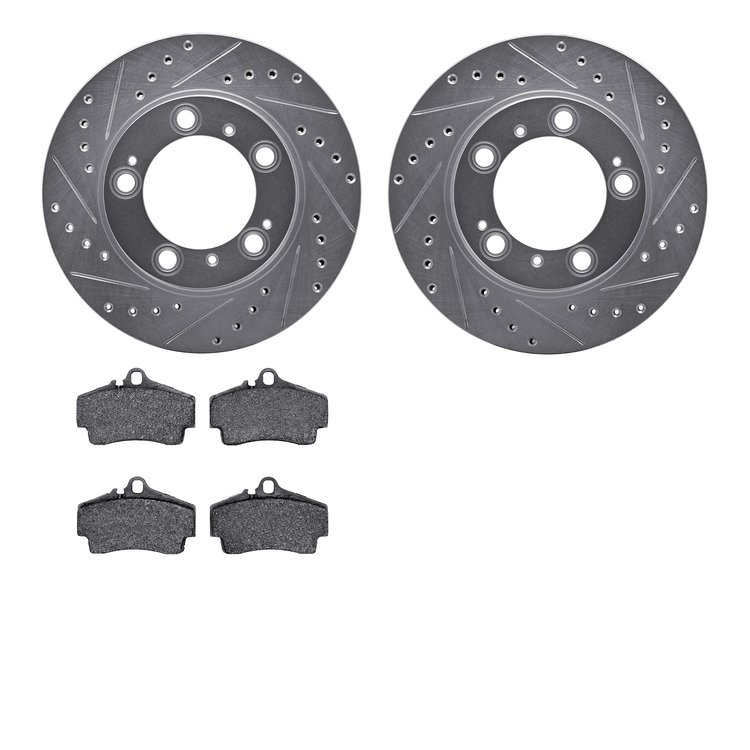 7602-02014 Drilled/Slotted Brake Rotors w/5000 Euro Ceramic Brake Pads Kit [Silver], 1997-2004 Porsche, Position: Rear