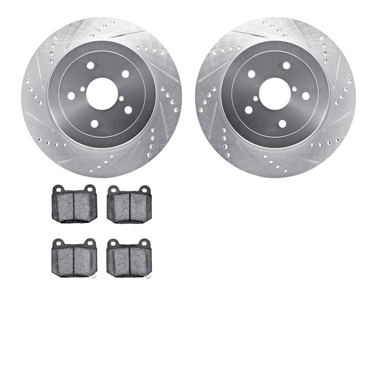 7602-13005 Drilled/Slotted Brake Rotors w/5000 Euro Ceramic Brake Pads Kit [Silver], 2005-2007 Subaru, Position: Rear