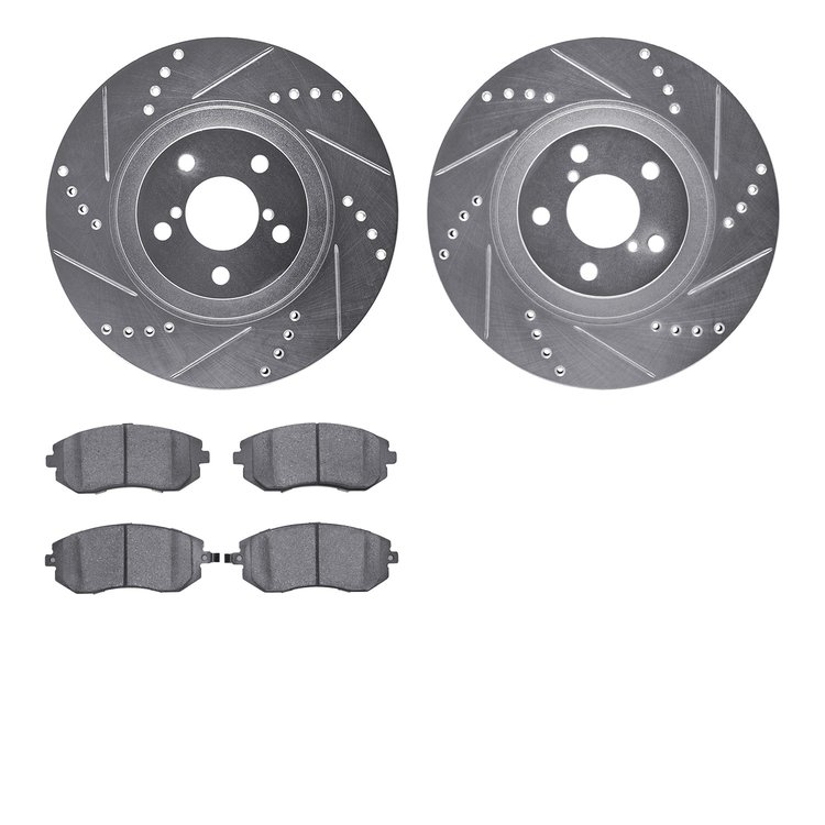 7602-13011 Drilled/Slotted Brake Rotors w/5000 Euro Ceramic Brake Pads Kit [Silver], 2004-2012 Subaru, Position: Front