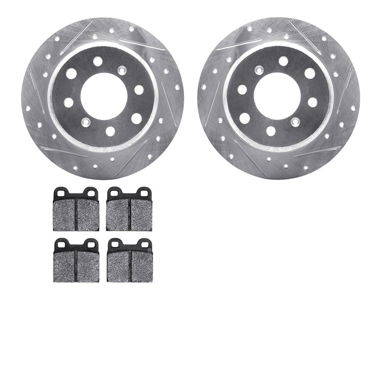 7602-16000 Drilled/Slotted Brake Rotors w/5000 Euro Ceramic Brake Pads Kit [Silver], 1964-1994 Alfa Romeo, Position: Rear