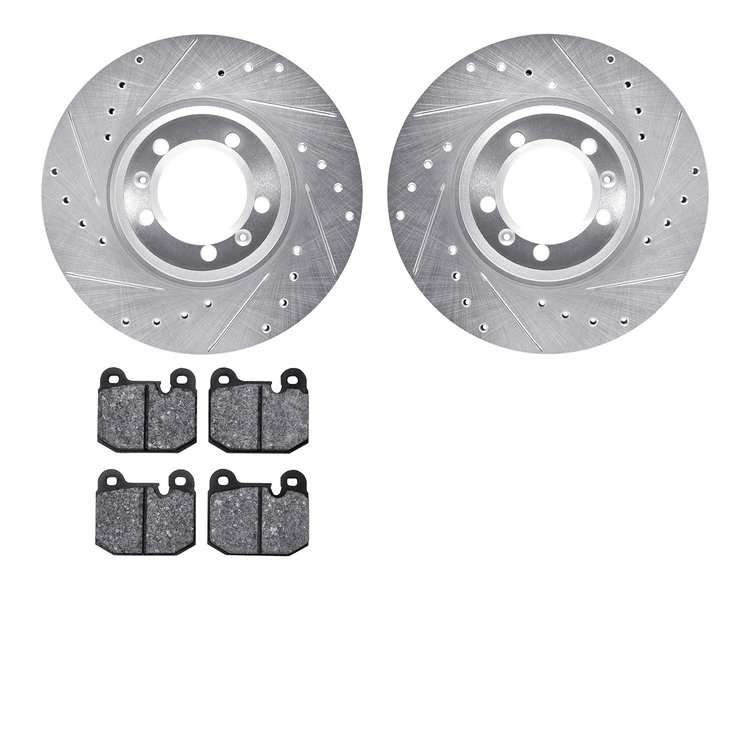 7602-16002 Drilled/Slotted Brake Rotors w/5000 Euro Ceramic Brake Pads Kit [Silver], 1981-1989 Alfa Romeo, Position: Front