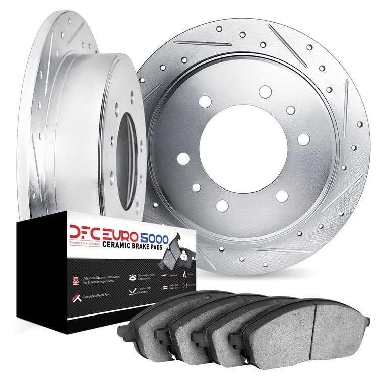 7602-16003 Drilled/Slotted Brake Rotors w/5000 Euro Ceramic Brake Pads Kit [Silver], 1981-1986 Alfa Romeo, Position: Rear