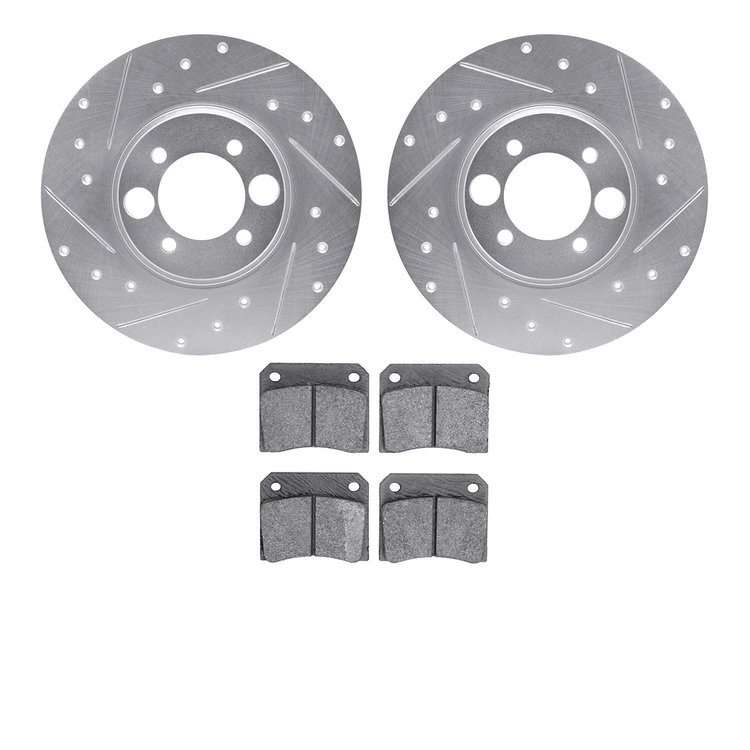 7602-20000 Drilled/Slotted Brake Rotors w/5000 Euro Ceramic Brake Pads Kit [Silver], 1968-1987 Jaguar, Position: Rear