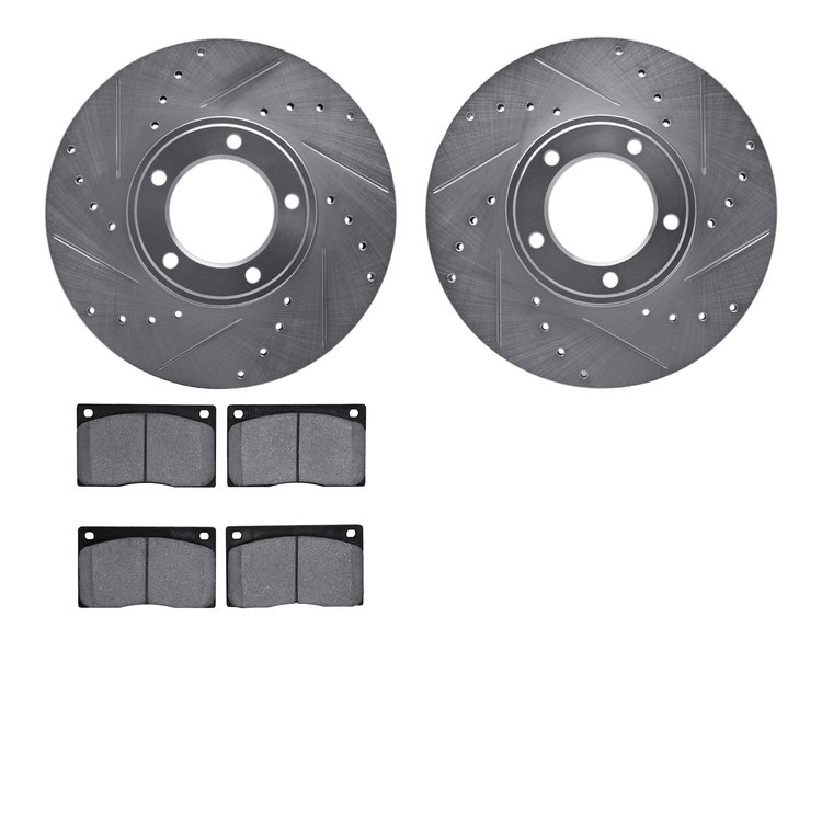 7602-20001 Drilled/Slotted Brake Rotors w/5000 Euro Ceramic Brake Pads Kit [Silver], 1973-1997 Jaguar, Position: Front