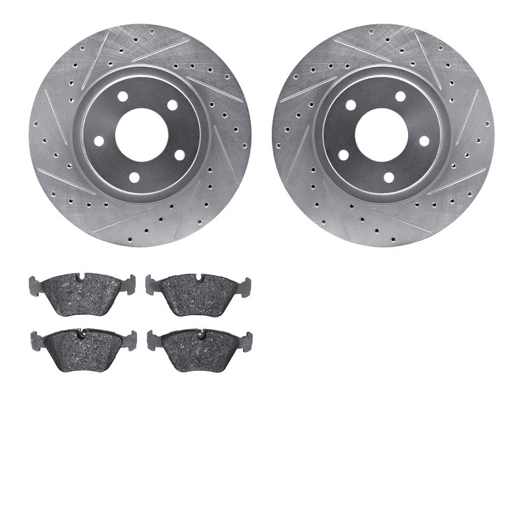 7602-20008 Drilled/Slotted Brake Rotors w/5000 Euro Ceramic Brake Pads Kit [Silver], 1998-2006 Jaguar, Position: Front