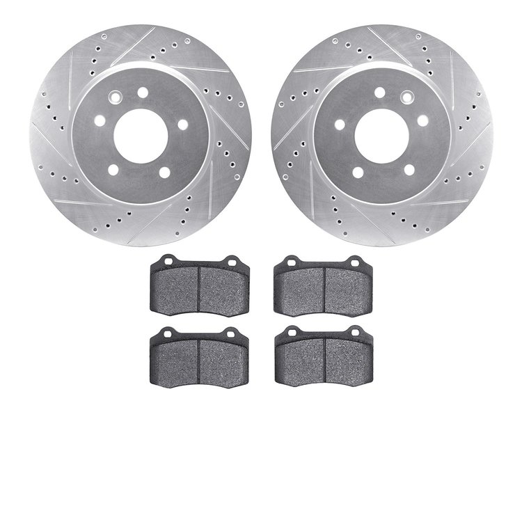 7602-20014 Drilled/Slotted Brake Rotors w/5000 Euro Ceramic Brake Pads Kit [Silver], 2000-2006 Jaguar, Position: Rear