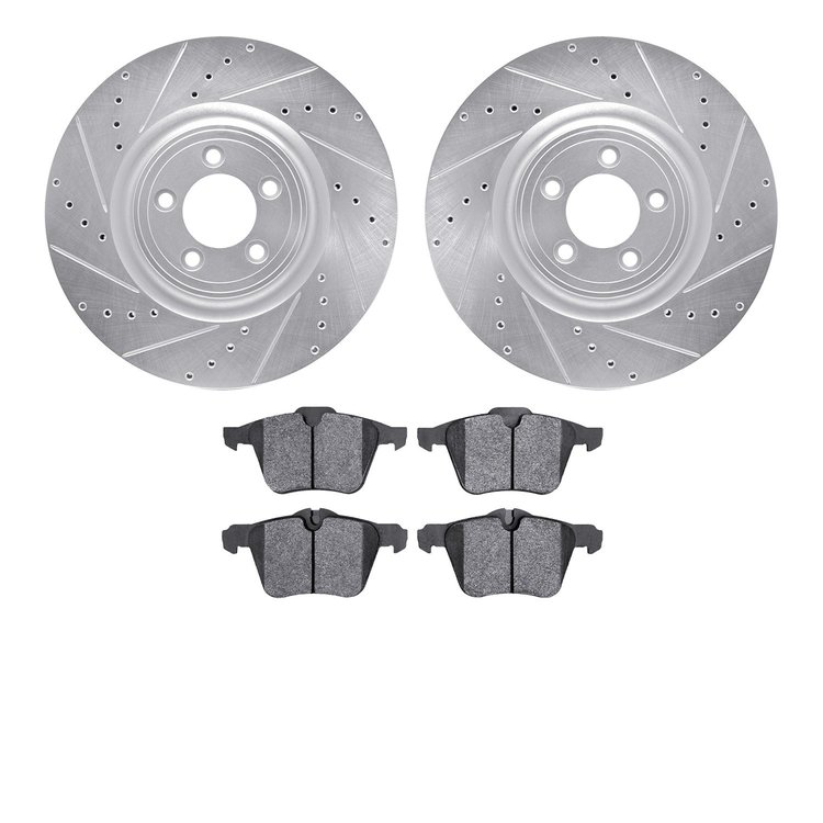 7602-20017 Drilled/Slotted Brake Rotors w/5000 Euro Ceramic Brake Pads Kit [Silver], 2006-2019 Jaguar, Position: Front