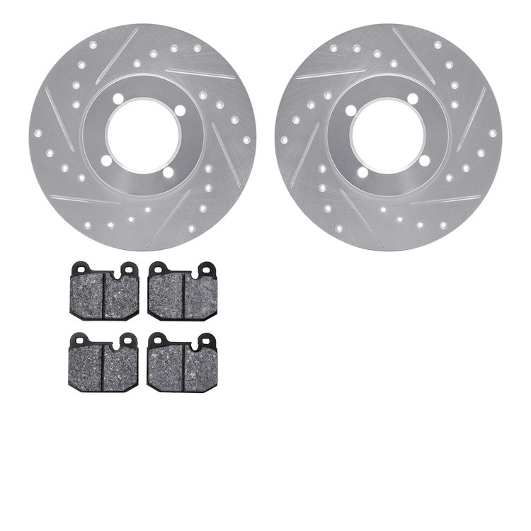 7602-22004 Drilled/Slotted Brake Rotors w/5000 Euro Ceramic Brake Pads Kit [Silver], 1974-1979 Multiple Makes/Models, Position: 