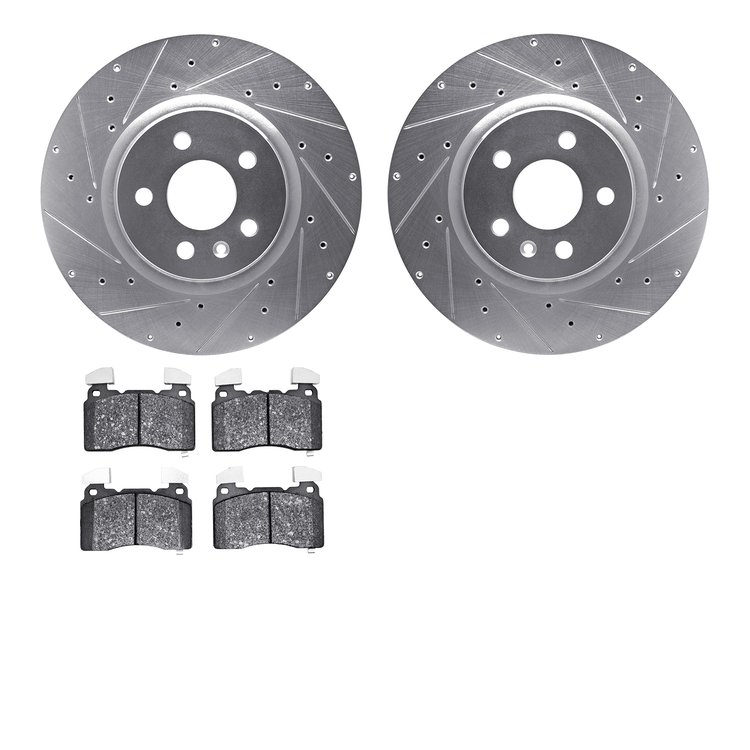 7602-26002 Drilled/Slotted Brake Rotors w/5000 Euro Ceramic Brake Pads Kit [Silver], 2012-2013 Tesla, Position: Front