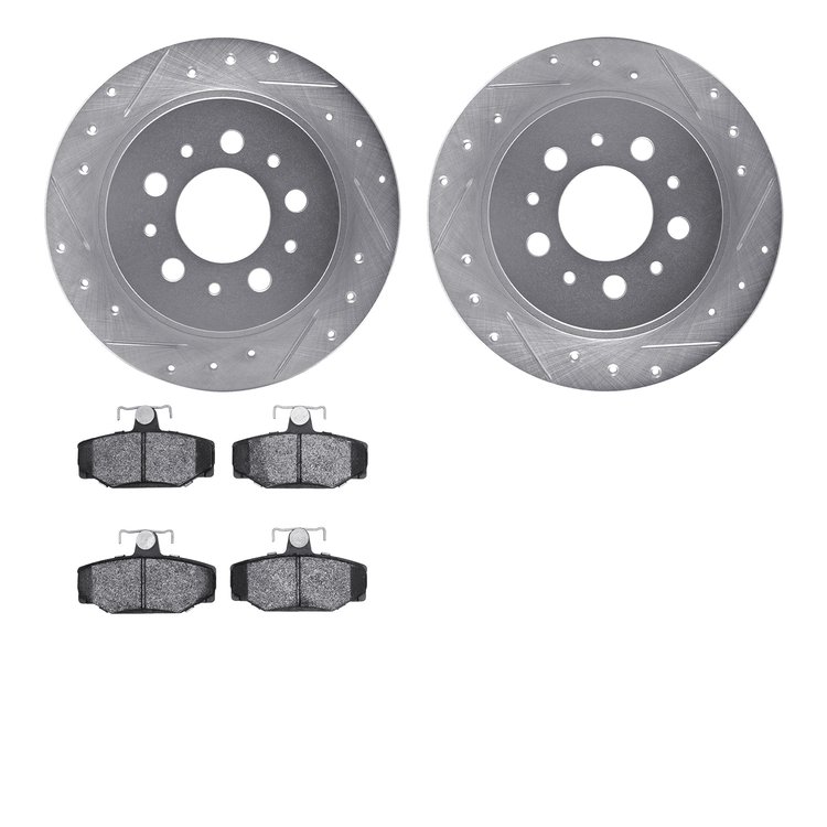 7602-27013 Drilled/Slotted Brake Rotors w/5000 Euro Ceramic Brake Pads Kit [Silver], 1988-1994 Volvo, Position: Rear