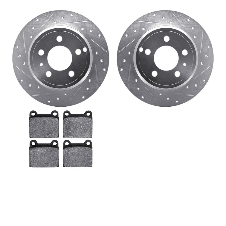 7602-27019 Drilled/Slotted Brake Rotors w/5000 Euro Ceramic Brake Pads Kit [Silver], 1996-2004 Volvo, Position: Rear