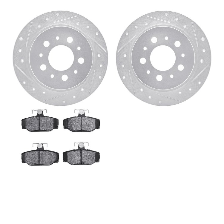 7602-27021 Drilled/Slotted Brake Rotors w/5000 Euro Ceramic Brake Pads Kit [Silver], 1995-1997 Volvo, Position: Rear