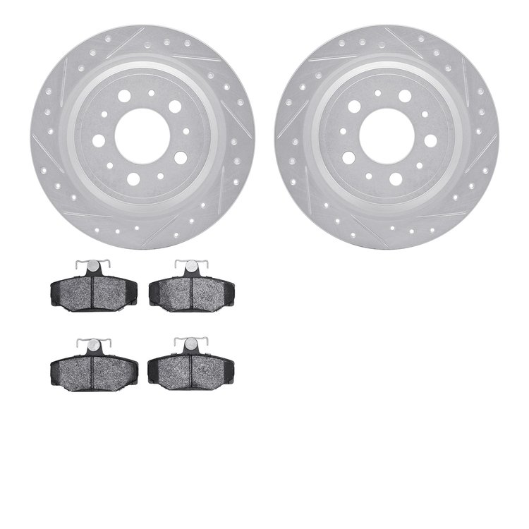 7602-27024 Drilled/Slotted Brake Rotors w/5000 Euro Ceramic Brake Pads Kit [Silver], 1998-2000 Volvo, Position: Rear