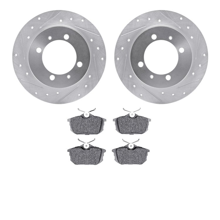 7602-27027 Drilled/Slotted Brake Rotors w/5000 Euro Ceramic Brake Pads Kit [Silver], 2000-2004 Multiple Makes/Models, Position: 