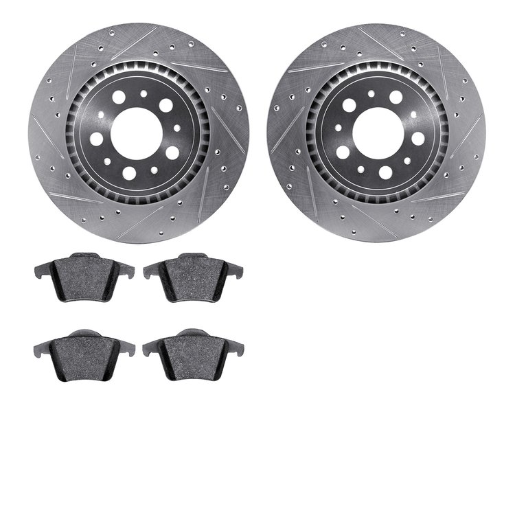 7602-27040 Drilled/Slotted Brake Rotors w/5000 Euro Ceramic Brake Pads Kit [Silver], 2003-2014 Volvo, Position: Rear