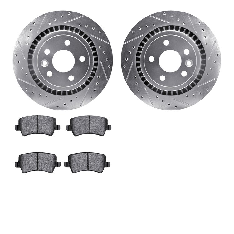 7602-27044 Drilled/Slotted Brake Rotors w/5000 Euro Ceramic Brake Pads Kit [Silver], 2010-2017 Volvo, Position: Rear