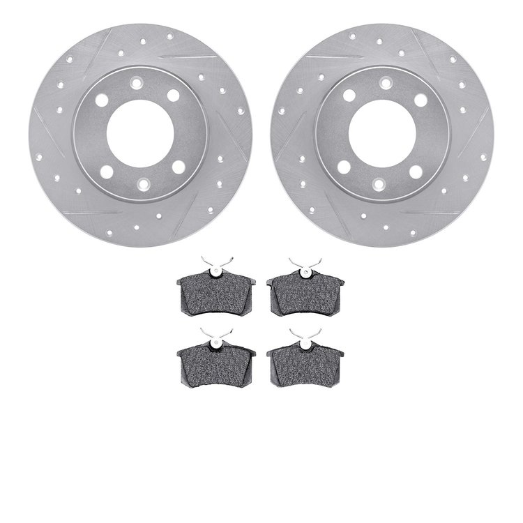 7602-28000 Drilled/Slotted Brake Rotors w/5000 Euro Ceramic Brake Pads Kit [Silver], 1989-1991 Peugeot, Position: Rear