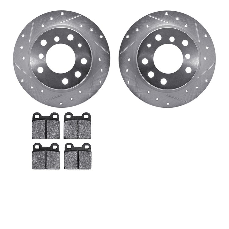 7602-31003 Drilled/Slotted Brake Rotors w/5000 Euro Ceramic Brake Pads Kit [Silver], 1969-1978 BMW, Position: Rear