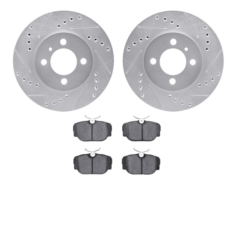 7602-31016 Drilled/Slotted Brake Rotors w/5000 Euro Ceramic Brake Pads Kit [Silver], 1984-1991 BMW, Position: Front