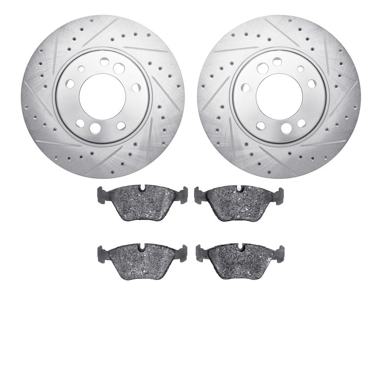 7602-31030 Drilled/Slotted Brake Rotors w/5000 Euro Ceramic Brake Pads Kit [Silver], 1991-1993 BMW, Position: Front