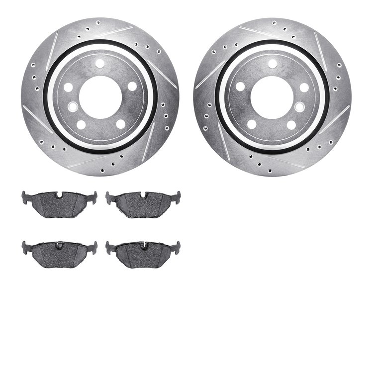 7602-31040 Drilled/Slotted Brake Rotors w/5000 Euro Ceramic Brake Pads Kit [Silver], 1996-2003 BMW, Position: Rear
