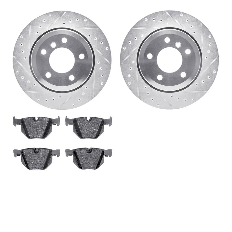 7602-31066 Drilled/Slotted Brake Rotors w/5000 Euro Ceramic Brake Pads Kit [Silver], 2006-2010 BMW, Position: Rear