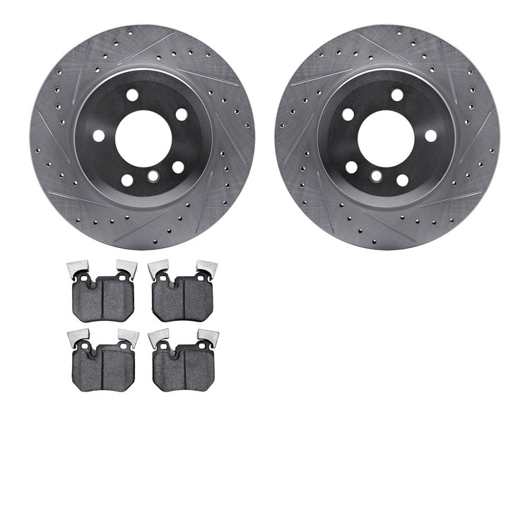 7602-31076 Drilled/Slotted Brake Rotors w/5000 Euro Ceramic Brake Pads Kit [Silver], 2008-2013 BMW, Position: Rear