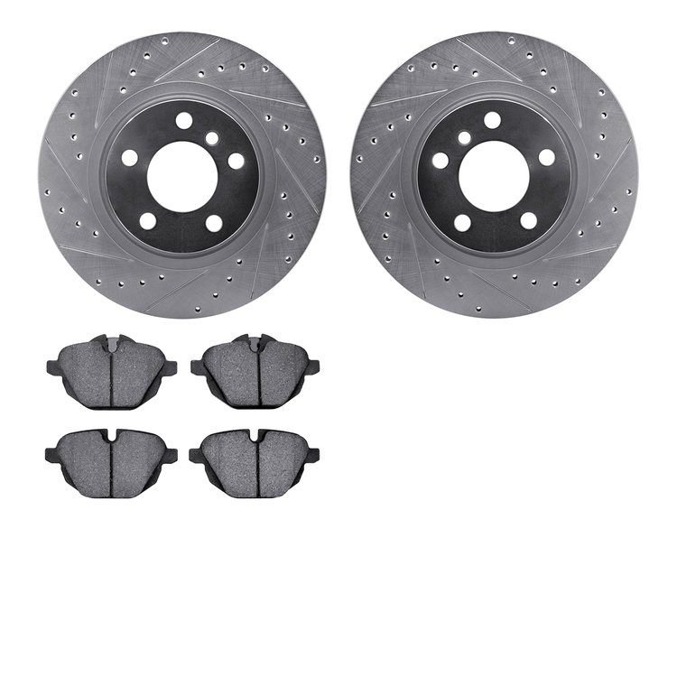 7602-31114 Drilled/Slotted Brake Rotors w/5000 Euro Ceramic Brake Pads Kit [Silver], 2011-2018 BMW, Position: Rear