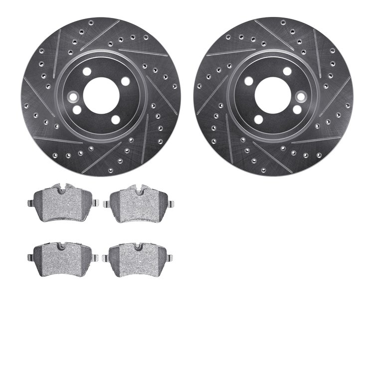7602-32000 Drilled/Slotted Brake Rotors w/5000 Euro Ceramic Brake Pads Kit [Silver], 2002-2006 Mini, Position: Front