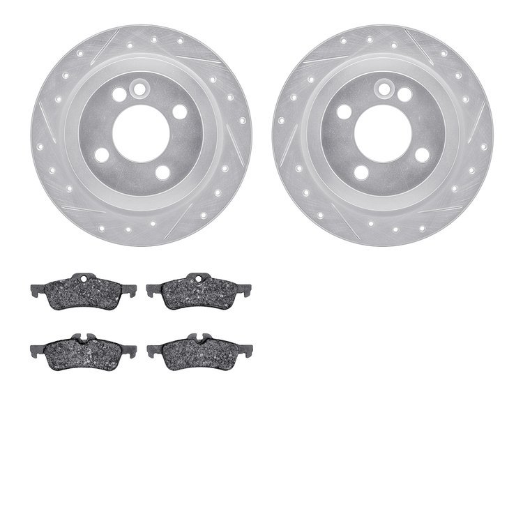 7602-32001 Drilled/Slotted Brake Rotors w/5000 Euro Ceramic Brake Pads Kit [Silver], 2002-2008 Mini, Position: Rear