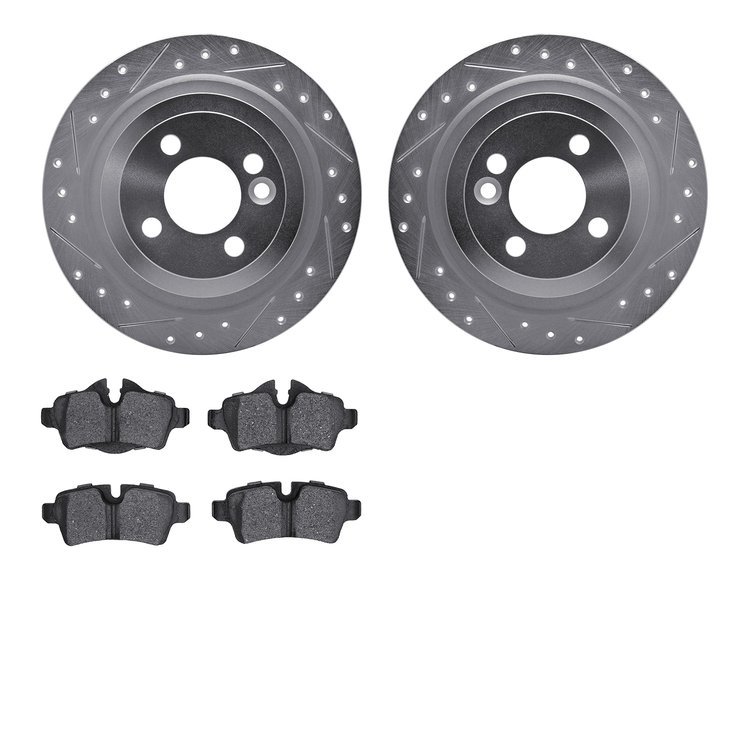 7602-32006 Drilled/Slotted Brake Rotors w/5000 Euro Ceramic Brake Pads Kit [Silver], 2009-2014 Mini, Position: Rear