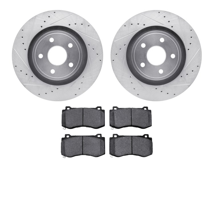 7602-42000 Drilled/Slotted Brake Rotors w/5000 Euro Ceramic Brake Pads Kit [Silver], 2006-2010 Mopar, Position: Front