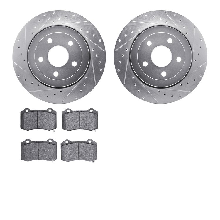 7602-42001 Drilled/Slotted Brake Rotors w/5000 Euro Ceramic Brake Pads Kit [Silver], 2006-2010 Mopar, Position: Rear