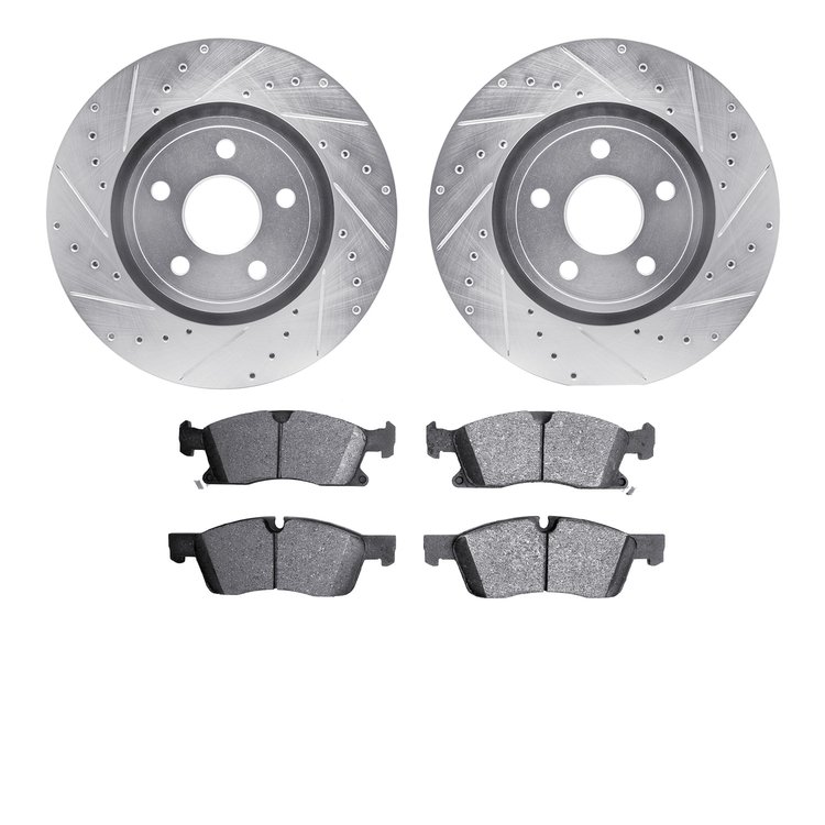 7602-42004 Drilled/Slotted Brake Rotors w/5000 Euro Ceramic Brake Pads Kit [Silver], Fits Select Mopar, Position: Front