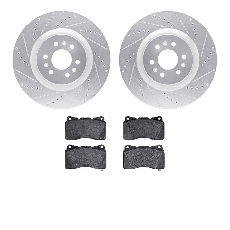 7602-46003 Drilled/Slotted Brake Rotors w/5000 Euro Ceramic Brake Pads Kit [Silver], 2004-2011 GM, Position: Front
