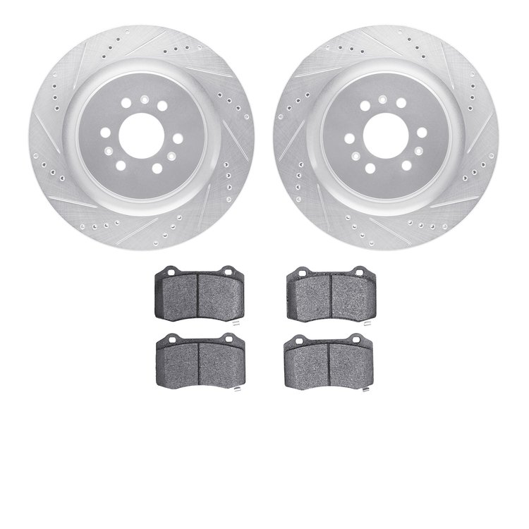 7602-46004 Drilled/Slotted Brake Rotors w/5000 Euro Ceramic Brake Pads Kit [Silver], 2004-2011 GM, Position: Rear