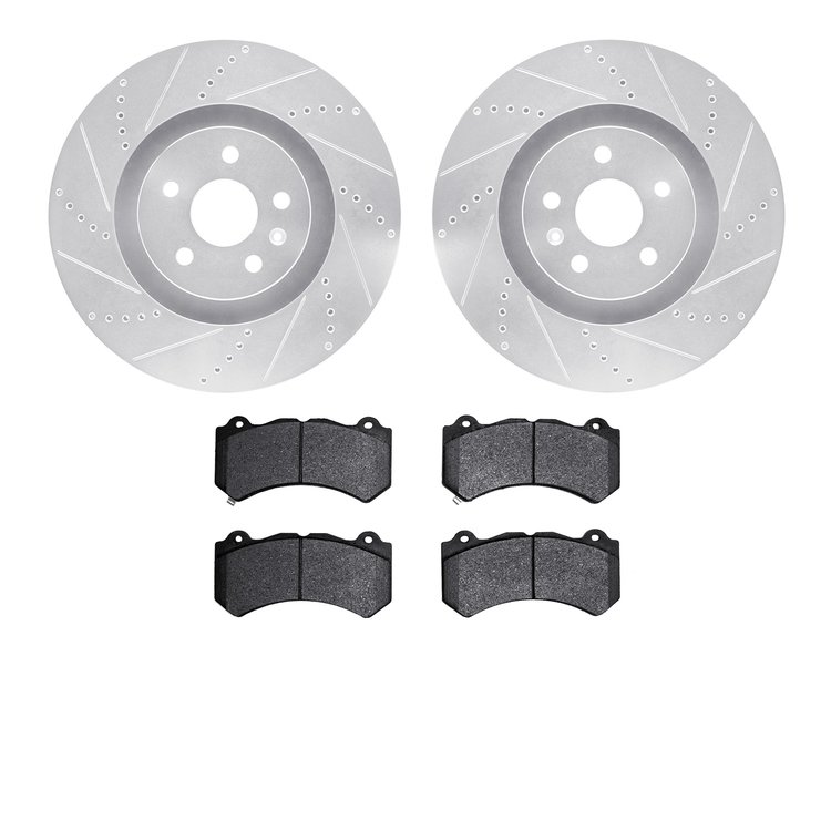 7602-46012 Drilled/Slotted Brake Rotors w/5000 Euro Ceramic Brake Pads Kit [Silver], 2009-2015 GM, Position: Front