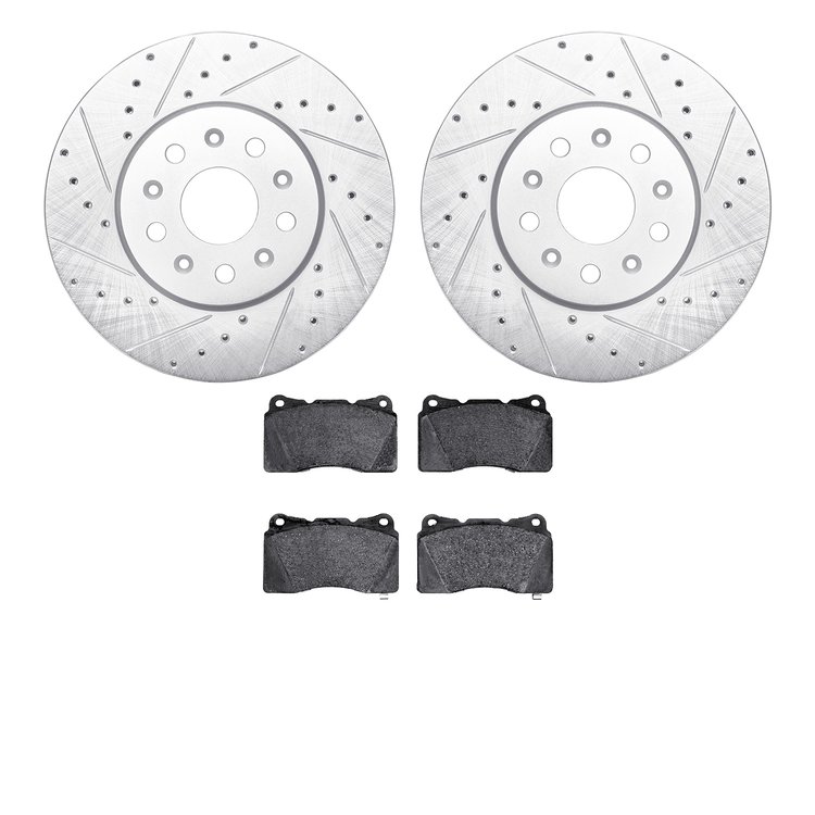 7602-46019 Drilled/Slotted Brake Rotors w/5000 Euro Ceramic Brake Pads Kit [Silver], 2014-2020 GM, Position: Front