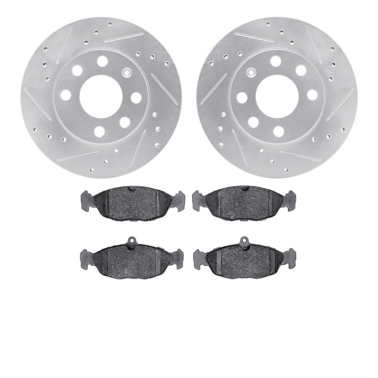 7602-47000 Drilled/Slotted Brake Rotors w/5000 Euro Ceramic Brake Pads Kit [Silver], 1994-2010 GM, Position: Front