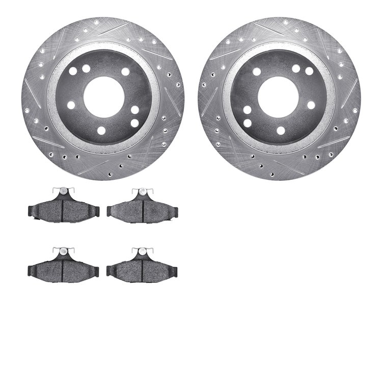 7602-47001 Drilled/Slotted Brake Rotors w/5000 Euro Ceramic Brake Pads Kit [Silver], 1988-1996 GM, Position: Rear
