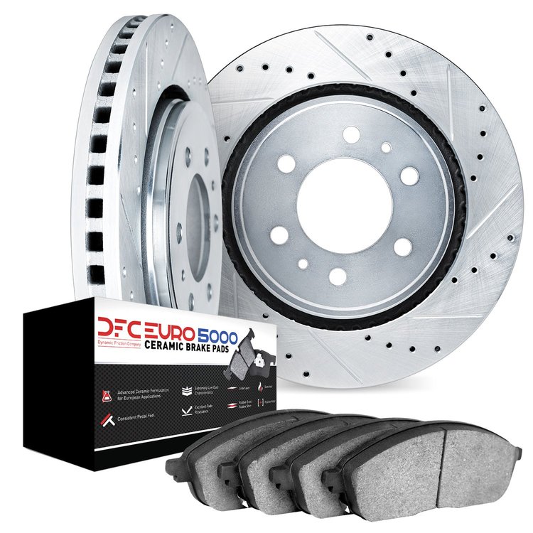 7602-47015 Drilled/Slotted Brake Rotors w/5000 Euro Ceramic Brake Pads Kit [Silver], 2015-2020 GM, Position: Front