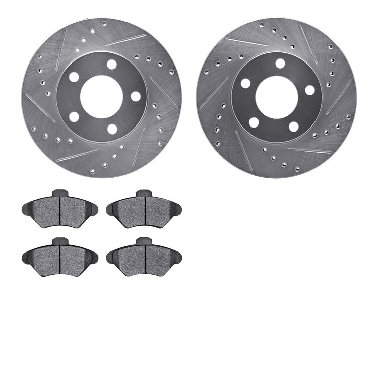 7602-54000 Drilled/Slotted Brake Rotors w/5000 Euro Ceramic Brake Pads Kit [Silver], 1994-1998 Ford/Lincoln/Mercury/Mazda, Posit