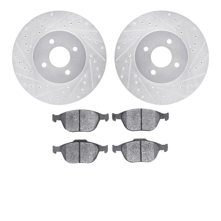 7602-54008 Drilled/Slotted Brake Rotors w/5000 Euro Ceramic Brake Pads Kit [Silver], 2002-2004 Ford/Lincoln/Mercury/Mazda, Posit