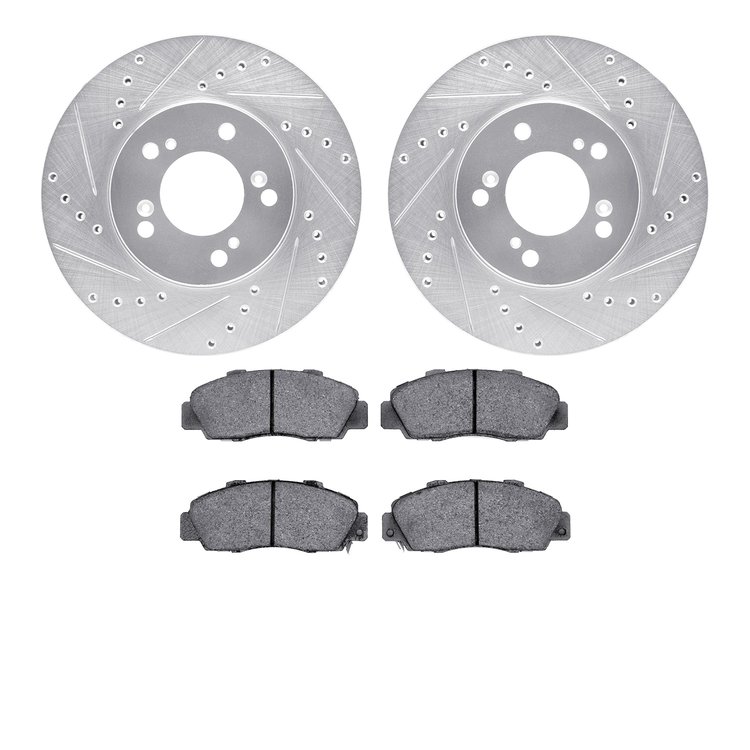 7602-58002 Drilled/Slotted Brake Rotors w/5000 Euro Ceramic Brake Pads Kit [Silver], 1993-1995 Acura/Honda, Position: Front